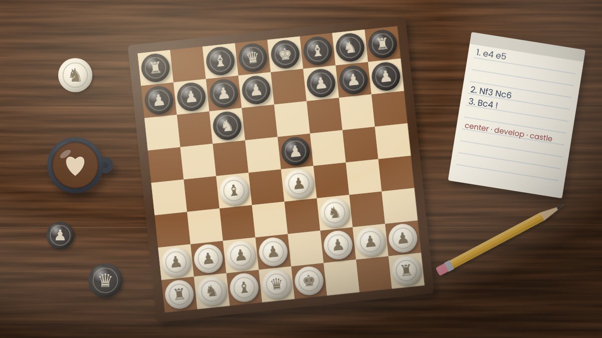 Close-up of a wooden chess board in the opening position with a white knight moving forward