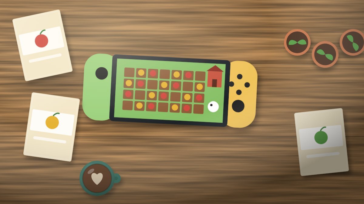 Colorful pixel-style farm with crops, a barn and animals at sunset in a relaxing video game