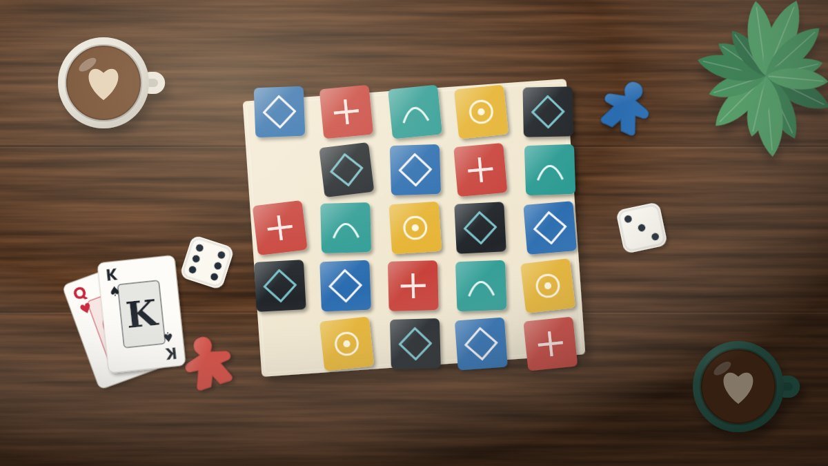 Two players sharing a calm board game with colorful tiles on a wooden table at night