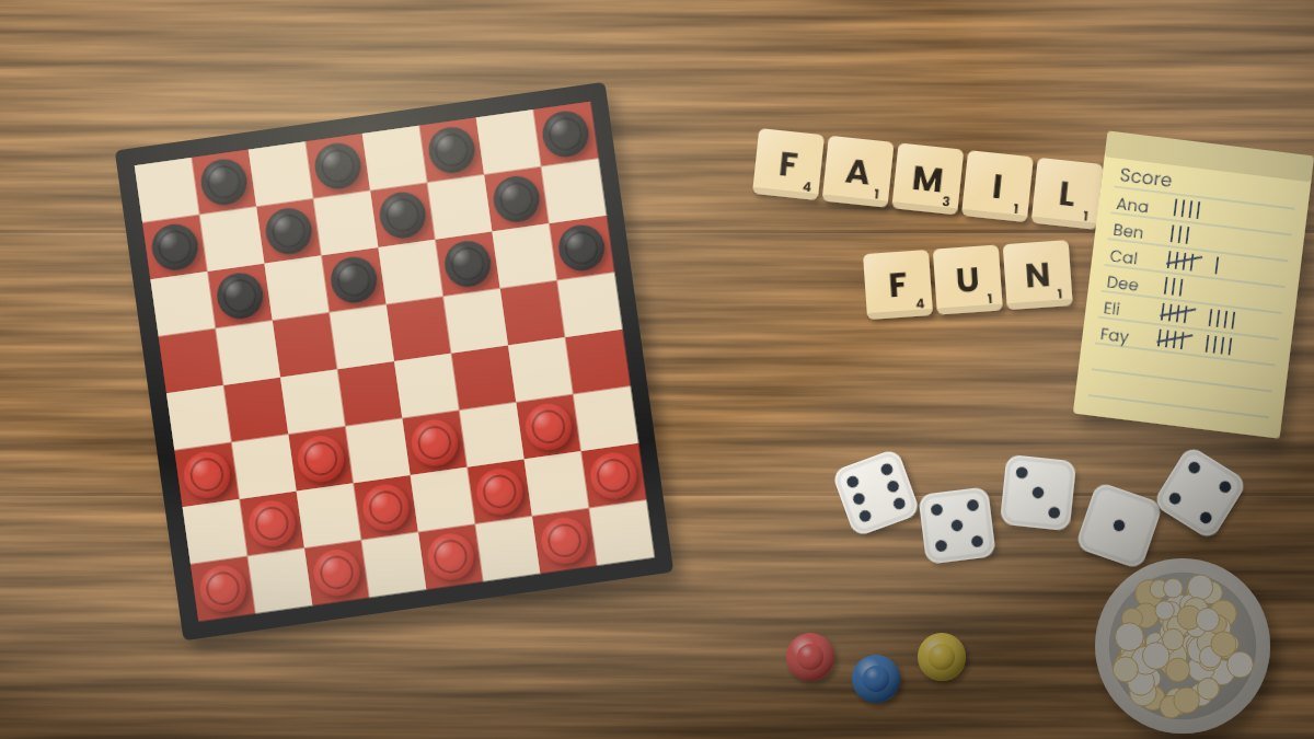 Family of four playing a classic board game together around a living room coffee table