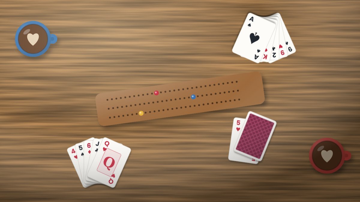 Two people playing a friendly card game at a cafe table with cards fanned in their hands