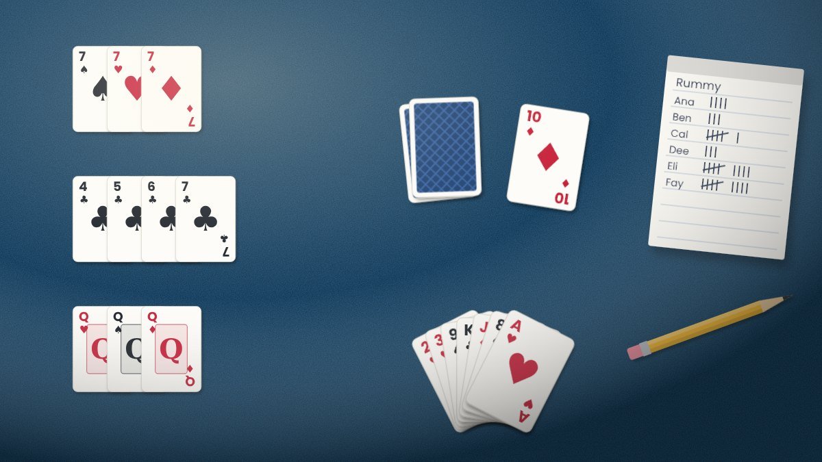 Rummy card game in progress with sets and runs laid out on a wooden table