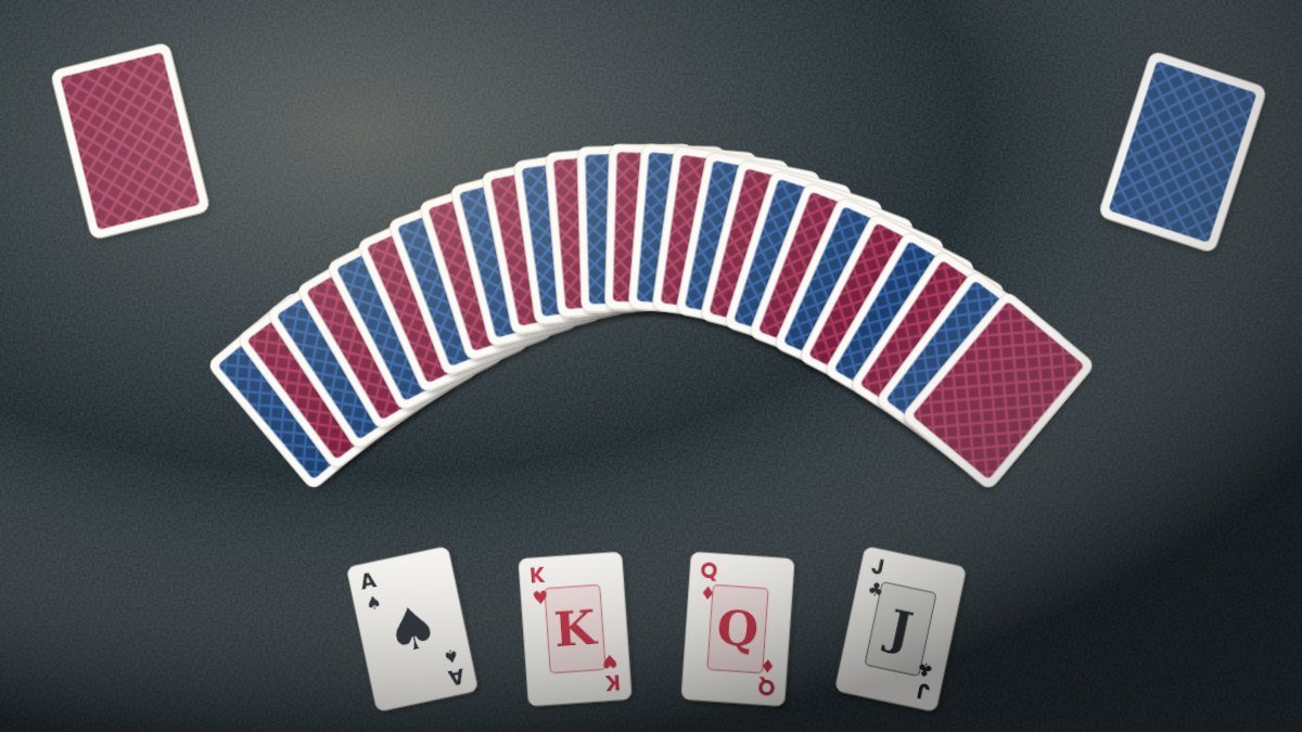Hands performing a riffle shuffle with a deck of playing cards arching into a bridge