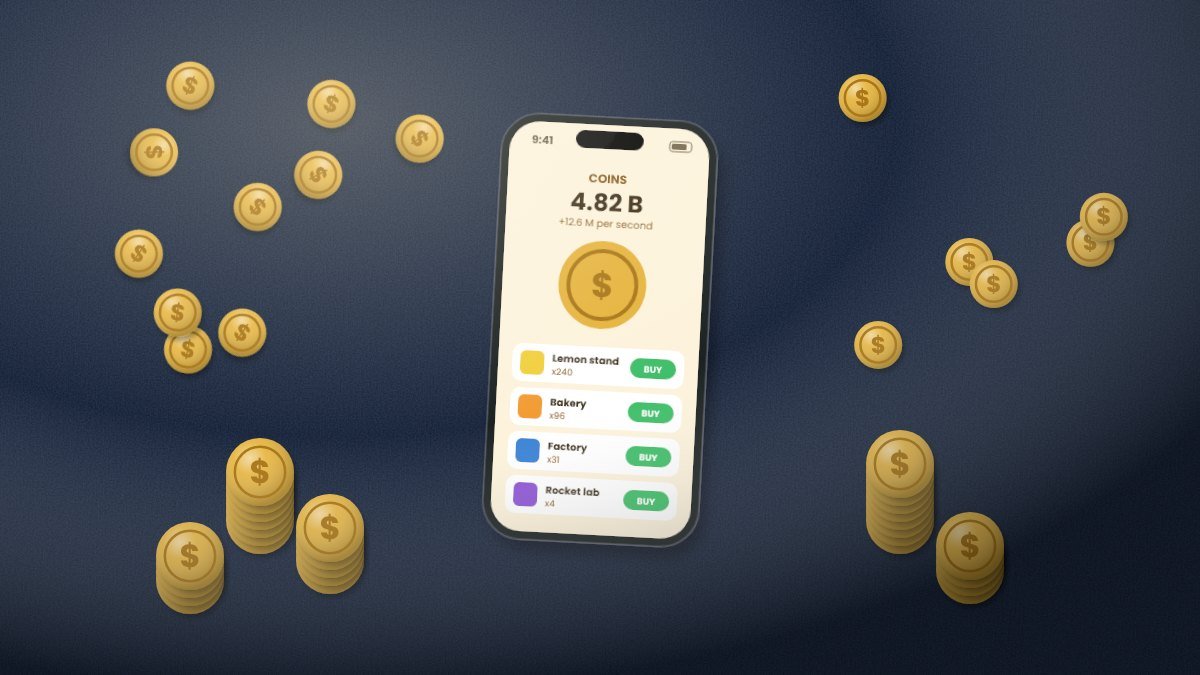 Mobile idle game screen with rising numbers, upgrades and coins on a smartphone