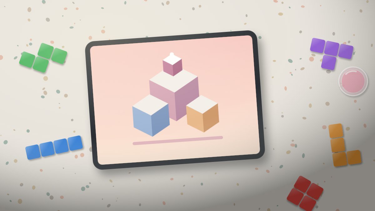 Serene geometric puzzle game with pastel architecture displayed on a tablet screen