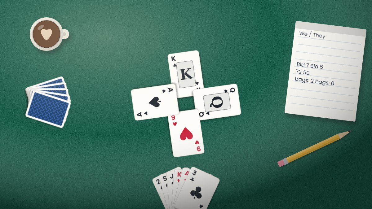 Four players around a table playing Spades with a trick of four cards in the center