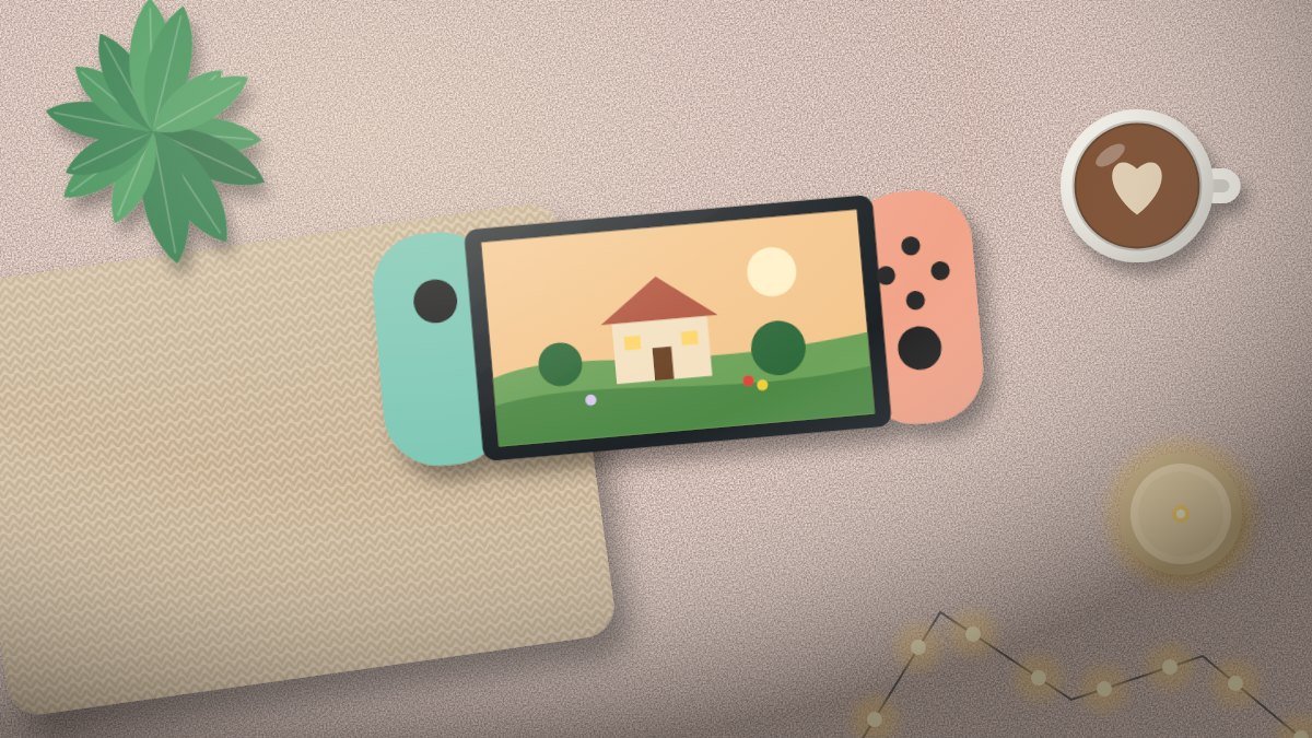 Warmly lit cozy video game scene with a cottage, garden and soft lighting on a TV screen in a living room