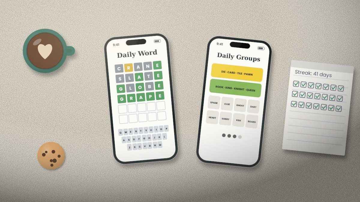 Person holding a smartphone with a colorful daily word puzzle grid next to a morning cup of coffee