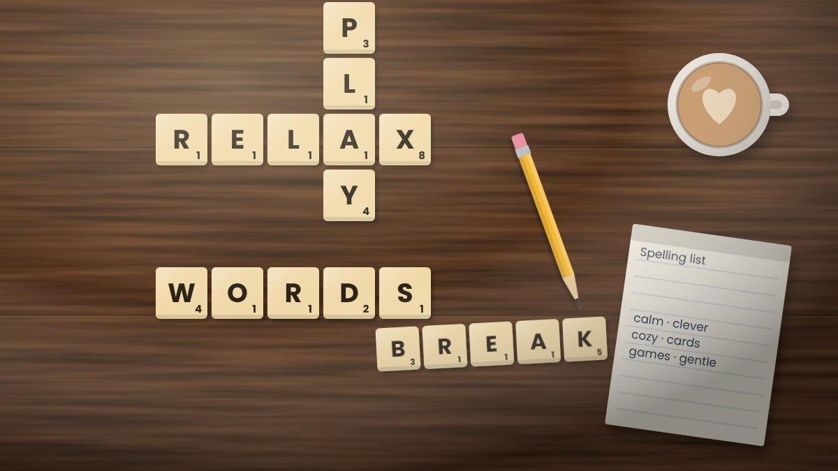 Wooden letter tiles spelling out words on a table next to a notebook and cup of tea
